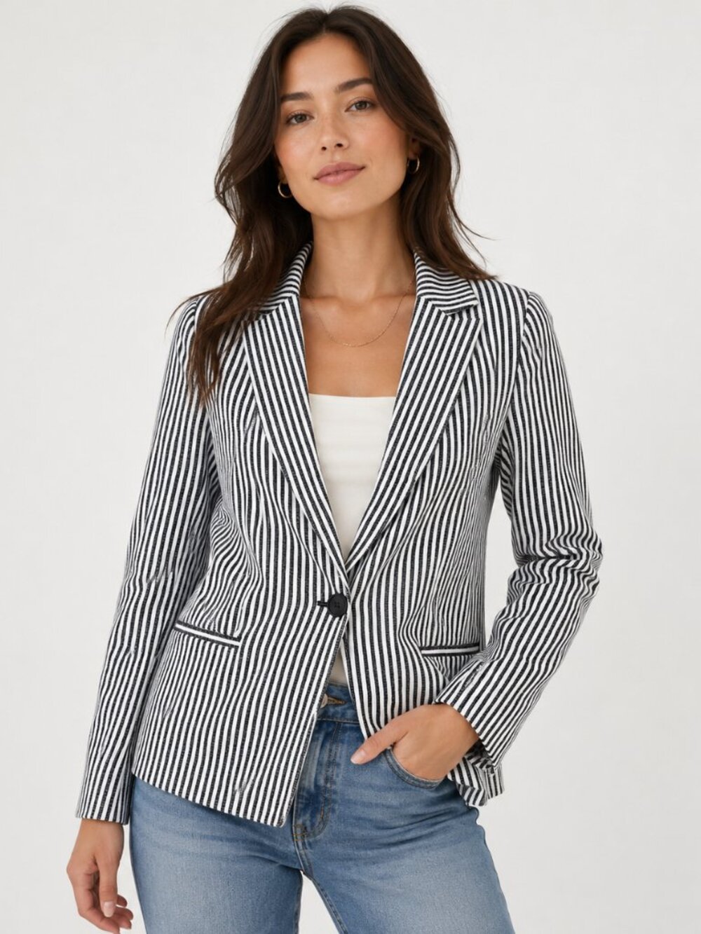 Gray White Blazer Jacket Stripe Seersucker Nautical Preppy Office Size 6